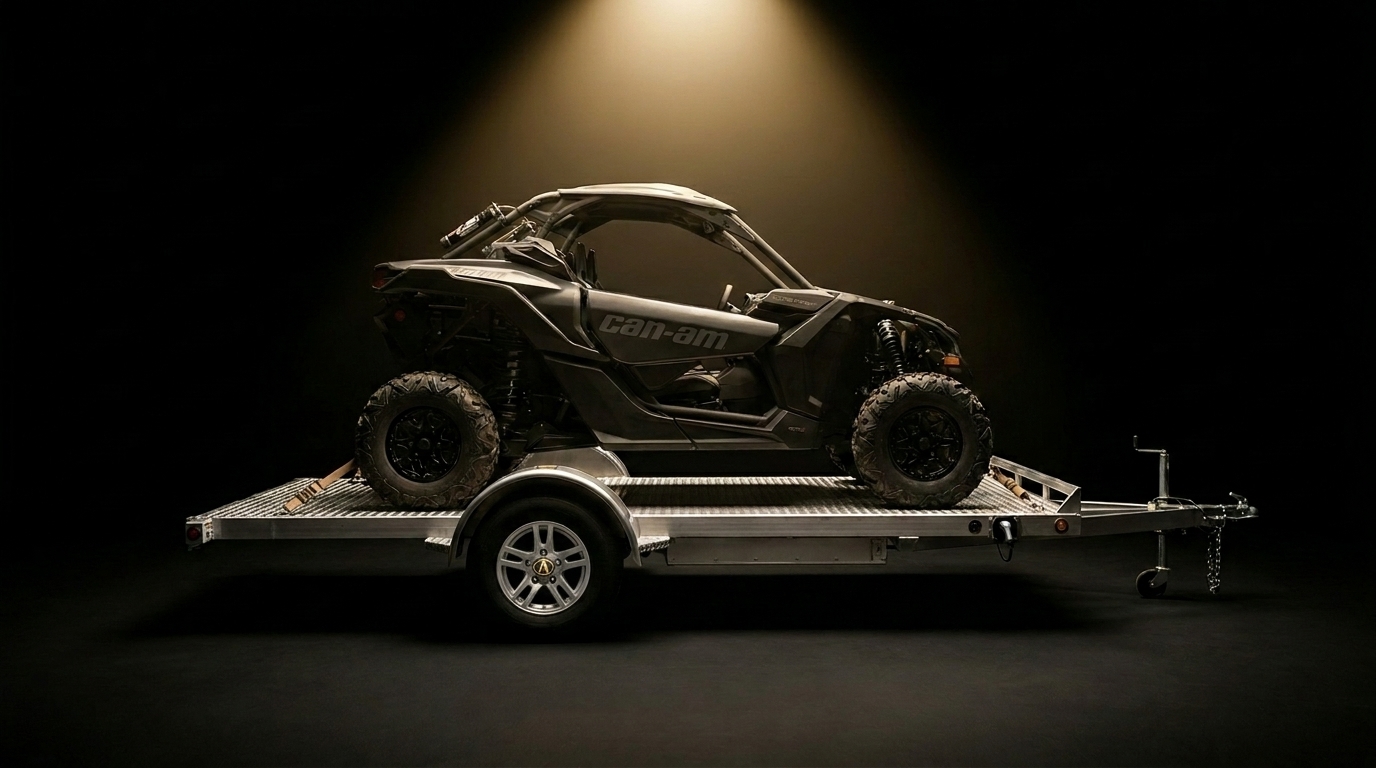 Aslin 3.0 LR powered trailer loaded with Can-Am UTV, black studio stage